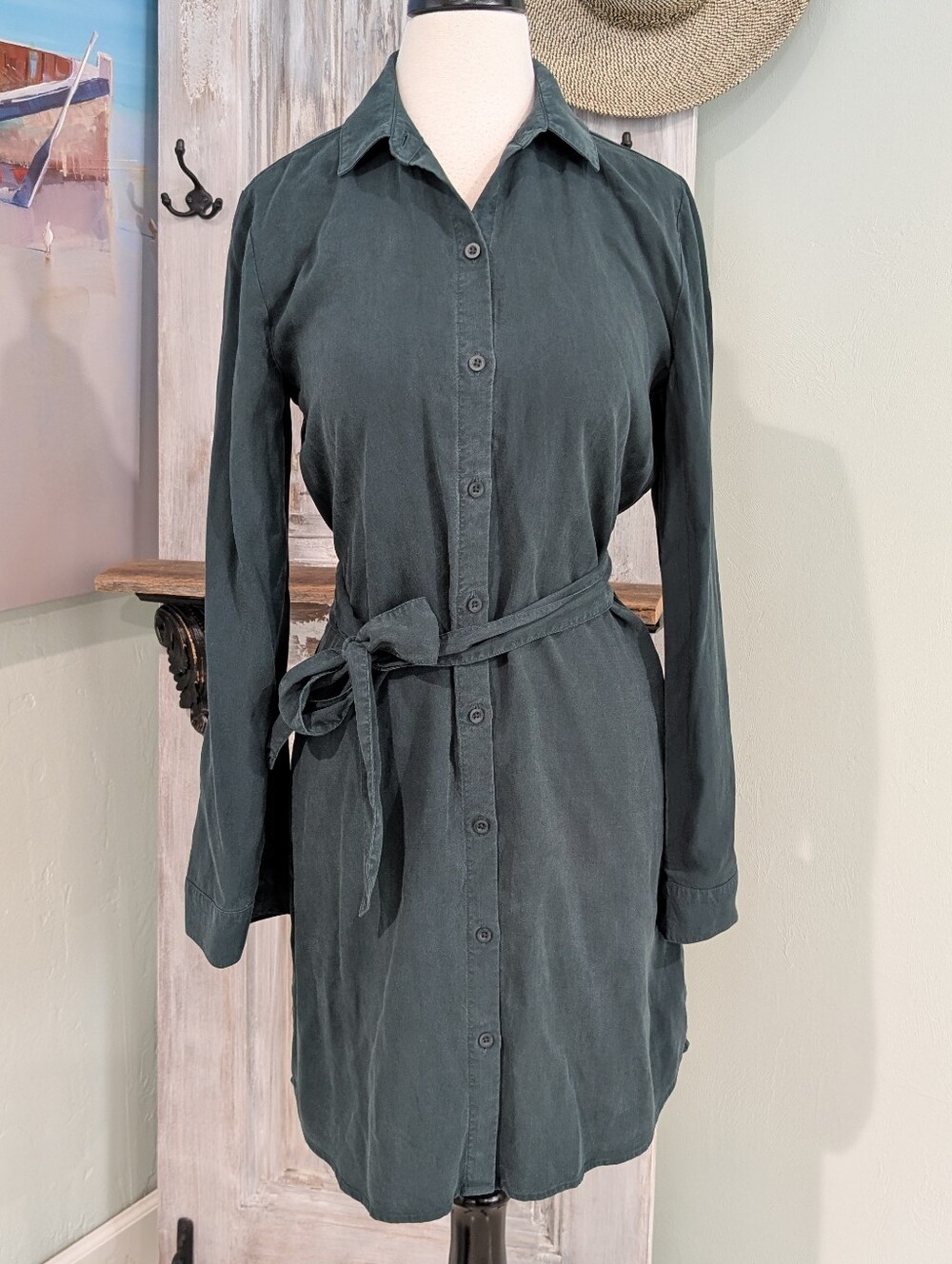 Cloth & Stone Dark Teal Button-Front Belted Shirt Dress